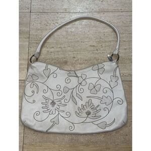 Berge Ivory‎ Leather Handbag w/ Taupe Embroidered Detail Made In Italy 17x11"